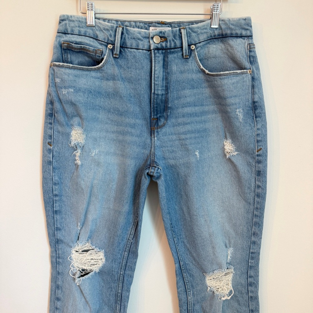 Good American Distressed High Rise Straight Leg Jeans Women 10/30 Denim - Picture 11 of 13